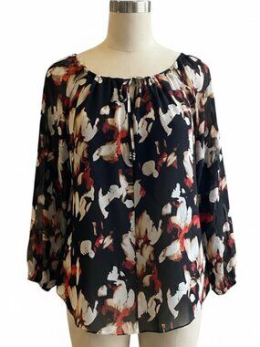 White‎ House Black Market Lined Floral Chiffon Top Sz 10 Black Multi #59N